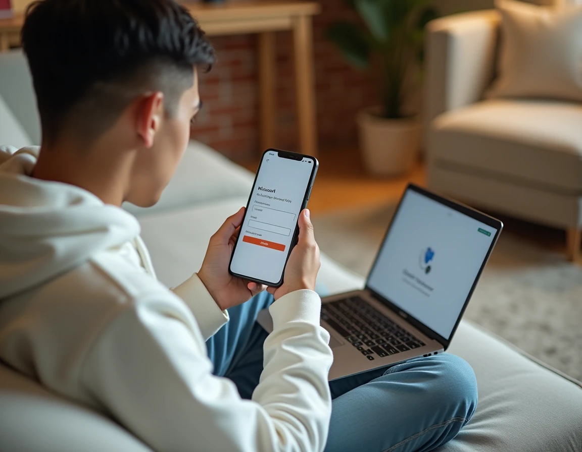 Jeune personne activant une clé de produit Office sur smartphone depuis un canapé dans un salon