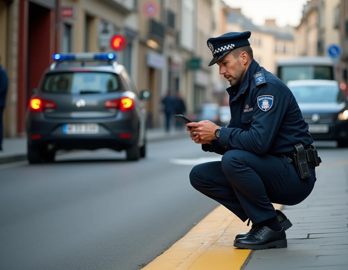 Agent de police municipale verbalisé un véhicule garé sur une ligne jaune continue en centre-ville