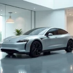 Berline électrique moderne exposée dans un showroom automobile avec finition argent métallisée