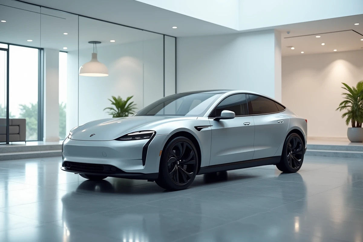 Berline électrique moderne exposée dans un showroom automobile avec finition argent métallisée