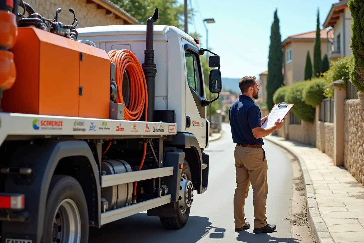 Camion de location de pompe à chape garé devant un chantier résidentiel dans la région de Nîmes