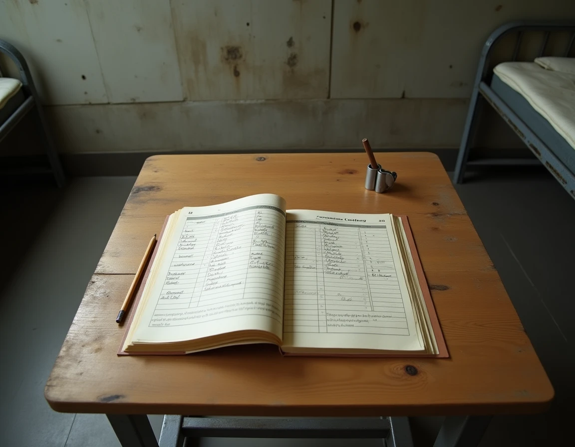 Catalogue de cantine pénitentiaire ouvert avec un bon de commande manuscrit sur une table de cellule de prison