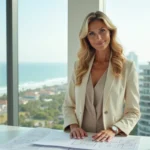Femme professionnelle blonde en blazer crème dans un bureau immobilier moderne avec vue sur un quartier résidentiel haut de gamme