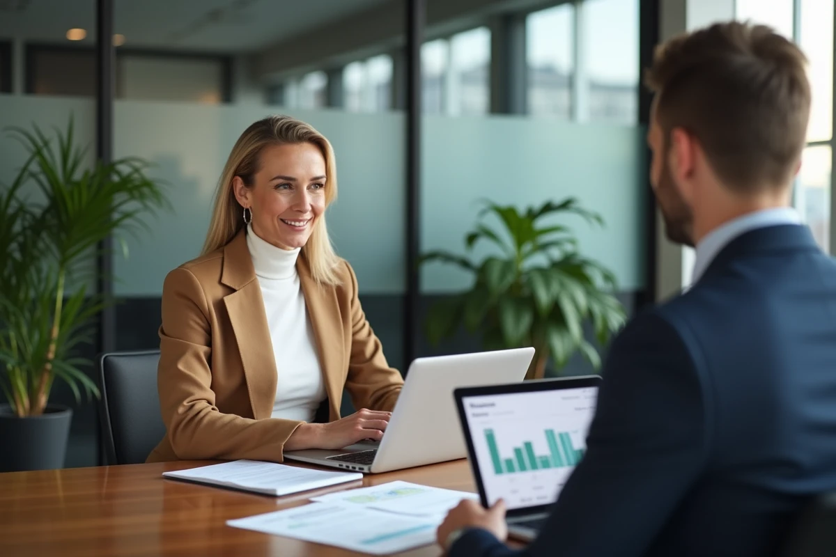 Femme en manteau camel discutant de finances et de patrimoine avec un conseiller financier dans un bureau corporate moderne