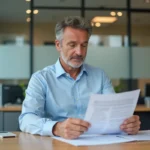 Un homme d'âge moyen consulte des documents de clôture de compte-titres dans une agence Crédit Agricole