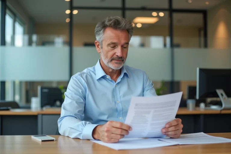 Un homme d'âge moyen consulte des documents de clôture de compte-titres dans une agence Crédit Agricole