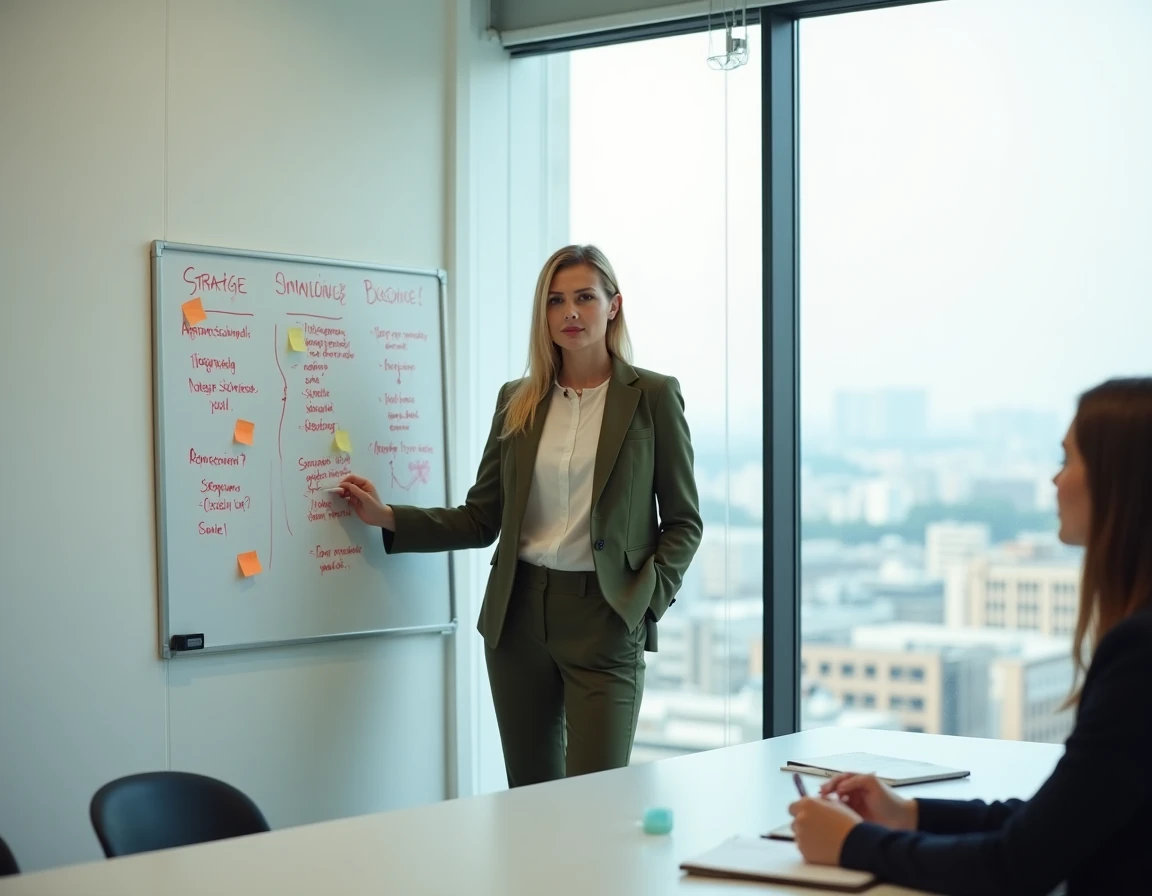Femme entrepreneuse présentant sa stratégie sur un tableau blanc lors d'une session de coaching