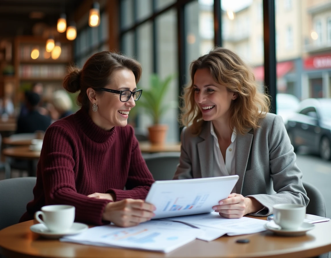 Deux femmes entrepreneures collaborant sur un plan d'affaires dans un café urbain moderne