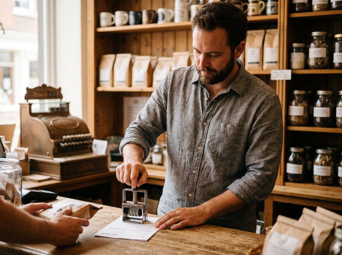 Commerçant utilisant un tampon dateur métallique pour valider une facture dans une boutique artisanale