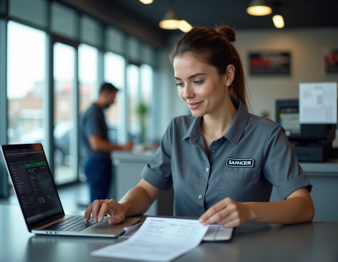Conseillère de service automobile utilisant HaynesPro WorkshopData 2026 pour comparer des données de réparation à l'accueil d'un garage