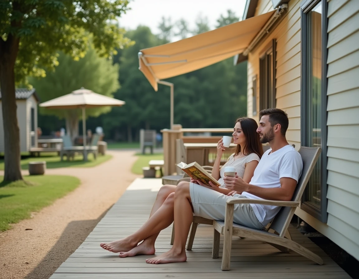 Couple se relaxant sur la terrasse d'un mobil-home dans un parc de camping en France