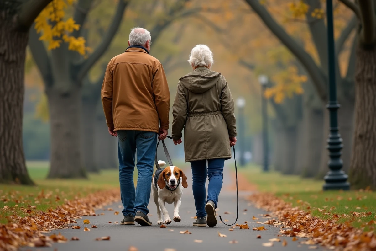 Couple de seniors promenant leur vieux beagle dans un parc en automne, illustrant les soins quotidiens d'un chien âgé