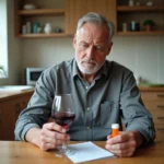 Homme d'âge moyen tenant un verre de vin rouge à côté d'une boîte de médicaments bêta-bloquants sur une table de cuisine, illustrant les risques de mélanger alcool et médicaments