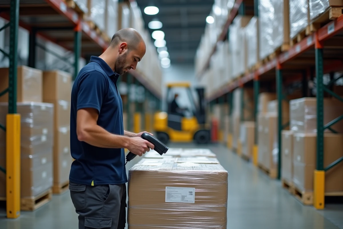 Employé logistique scannant des colis sur palette dans un entrepôt de distribution