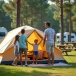 Famille installant une tente sur un emplacement équipé dans un camping français en été