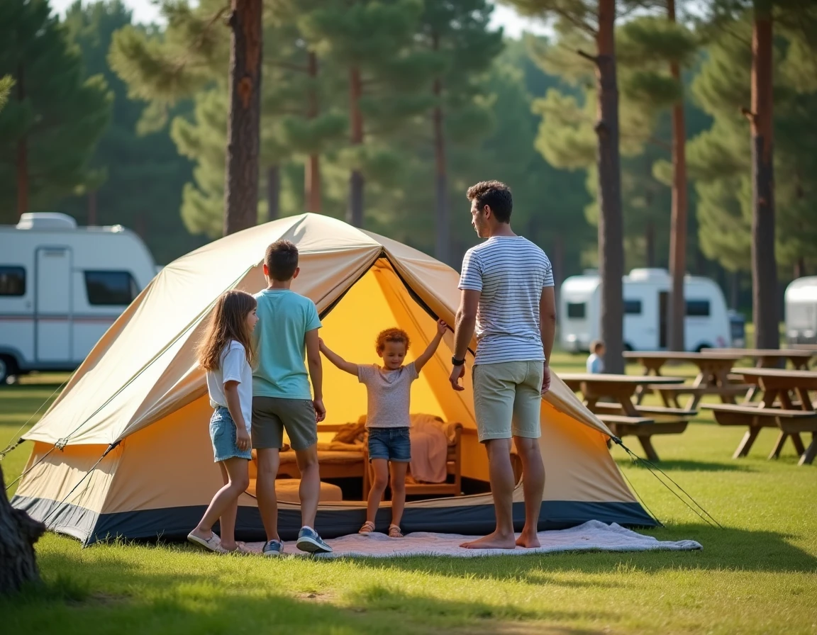 Famille installant une tente sur un emplacement équipé dans un camping français en été