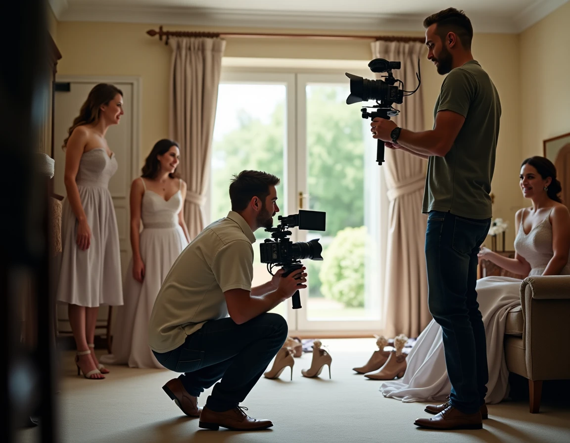 Un vidéaste filmant en coulisses lors des préparatifs de mariage, dans un style faux documentaire making-of