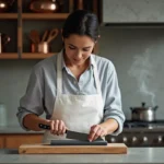Femme qui affûte un couteau de chef professionnel sur une pierre à aiguiser dans une cuisine moderne équipée