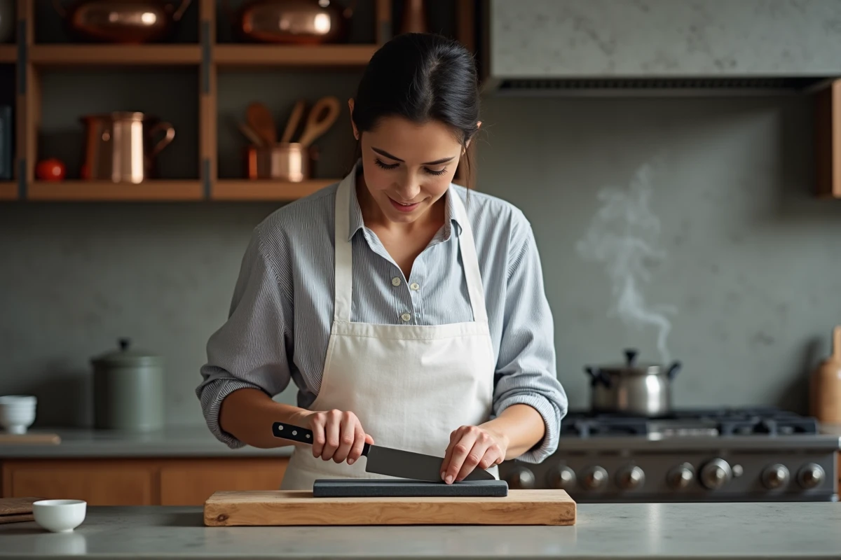 Femme qui affûte un couteau de chef professionnel sur une pierre à aiguiser dans une cuisine moderne équipée