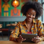 Jeune femme africaine souriante avec tablette dans un café