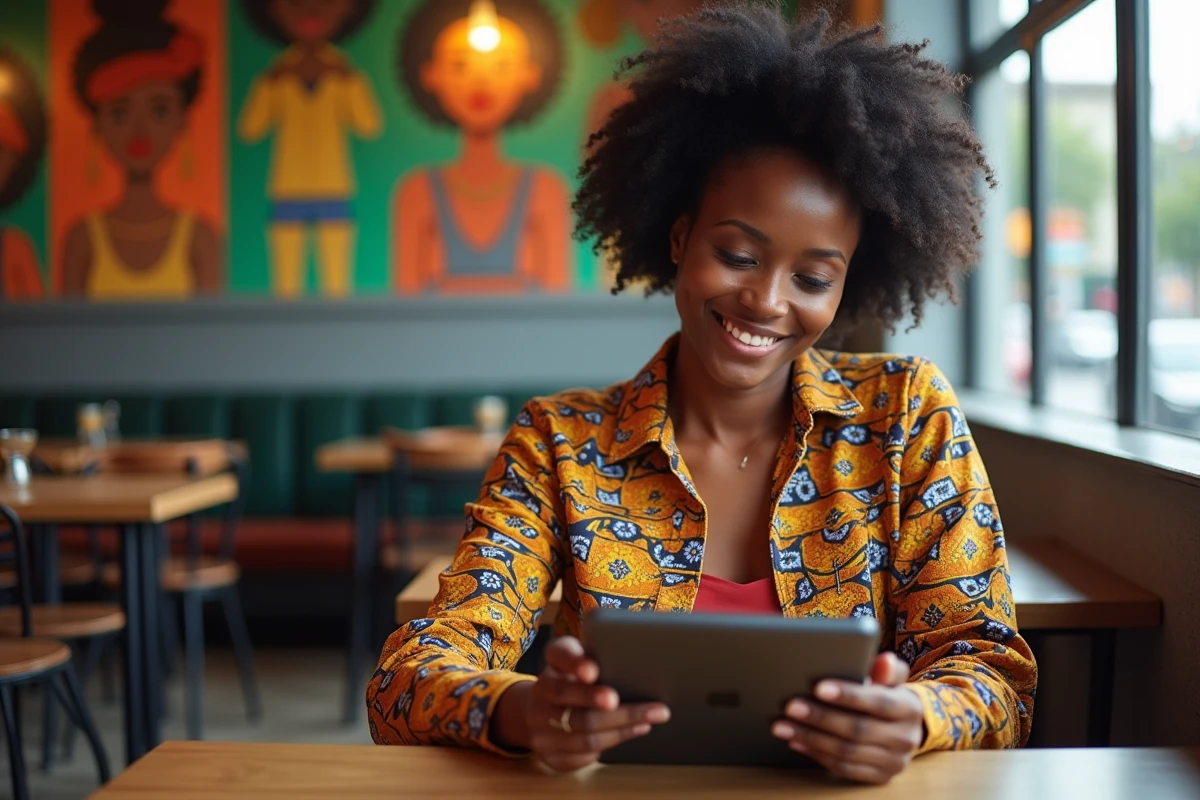 Jeune femme africaine souriante avec tablette dans un café