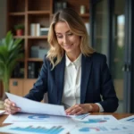 Femme professionnelle analysant des documents d'investissement immobilier dans un bureau moderne