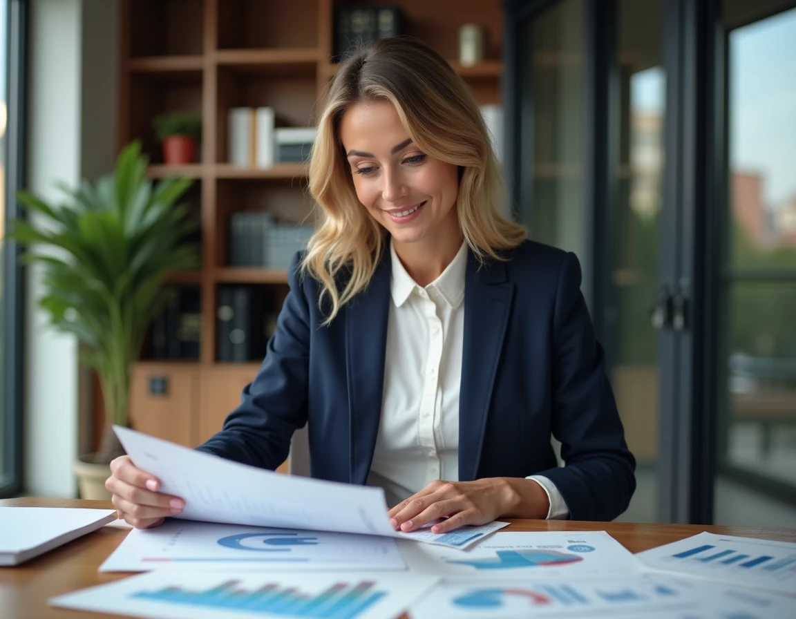 Femme professionnelle analysant des documents d'investissement immobilier dans un bureau moderne