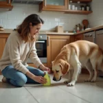 Femme inquiète avec son chien dans la cuisine moderne