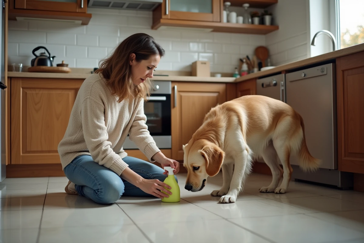 Femme inquiète avec son chien dans la cuisine moderne