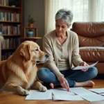 Femme mature assise sur le sol avec son vieux golden retriever, consultant des documents d'assurance pour chien senior