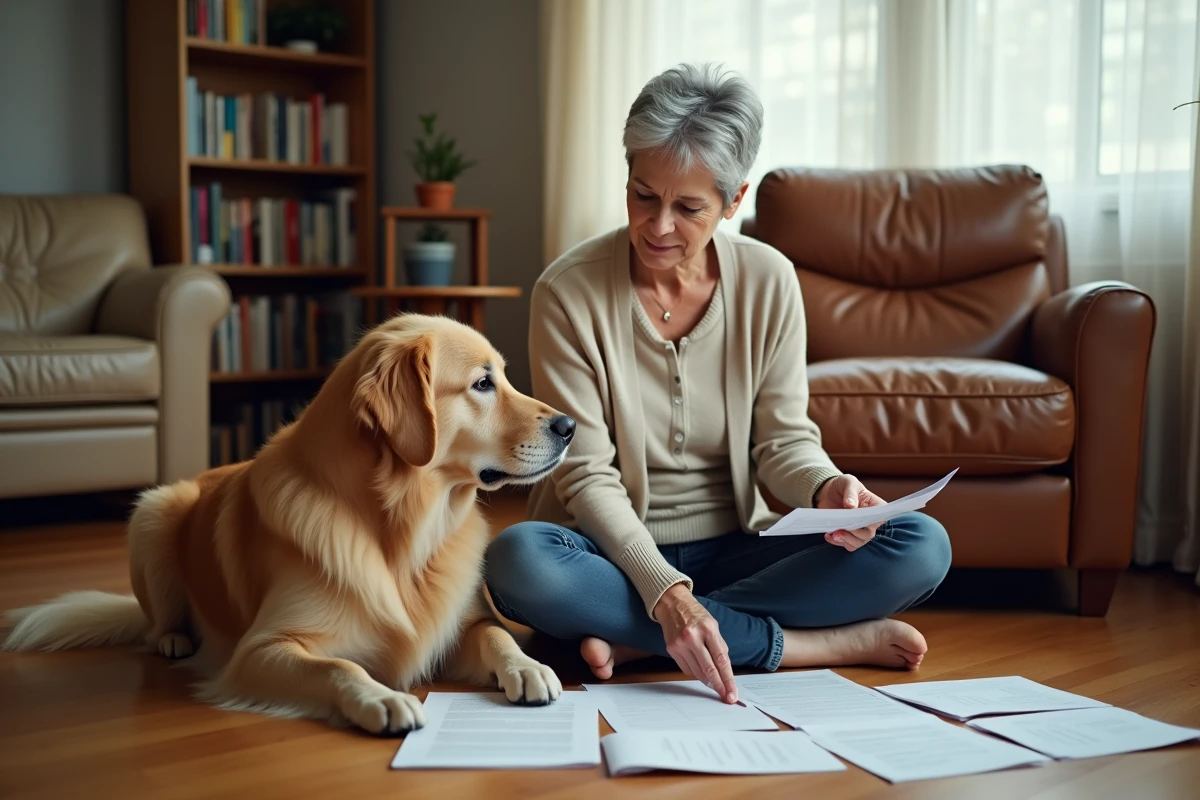 Femme mature assise sur le sol avec son vieux golden retriever, consultant des documents d'assurance pour chien senior