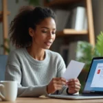 Femme lisant une carte de clé de produit Office à son bureau à domicile devant un ordinateur portable ouvert