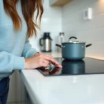 Femme appuyant sur la plaque induction moderne dans la cuisine