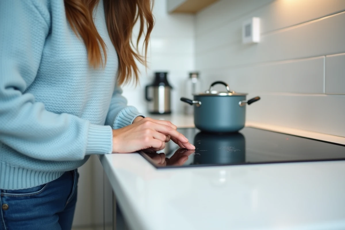 Femme appuyant sur la plaque induction moderne dans la cuisine
