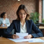 Femme entrepreneure concentrée sur son projet business dans un espace de coworking moderne