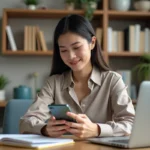Jeune femme utilisant une application financière sur son téléphone