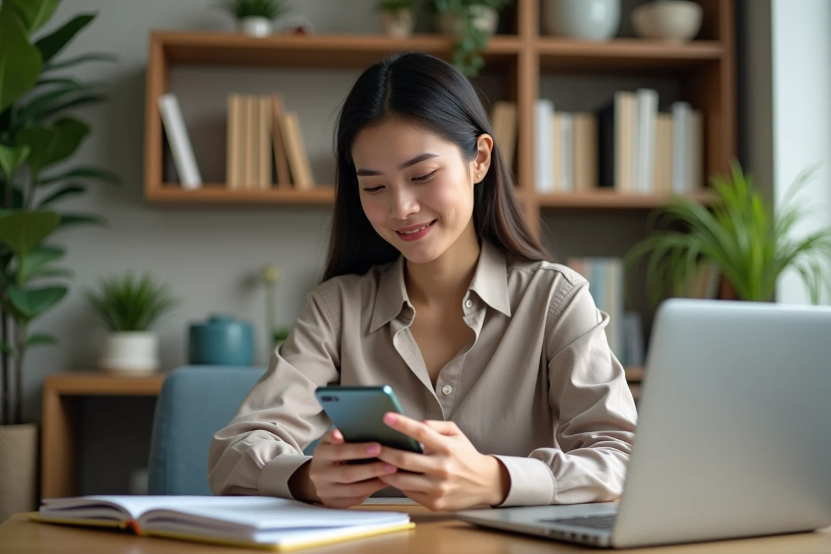 Jeune femme utilisant une application financière sur son téléphone