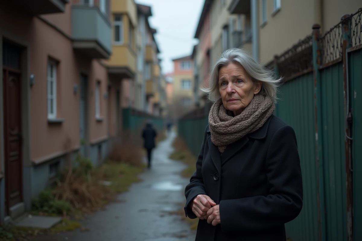 Femme locale âgée dans une ruelle urbaine sombre