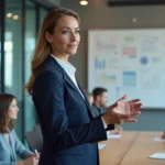 Femme manager dirigeant une réunion professionnelle dans une salle de conférence moderne