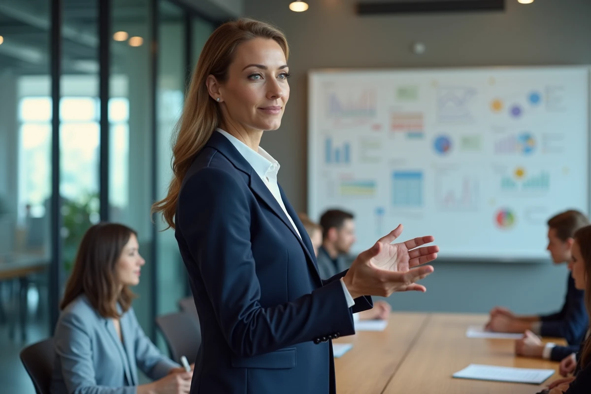 Femme manager dirigeant une réunion professionnelle dans une salle de conférence moderne