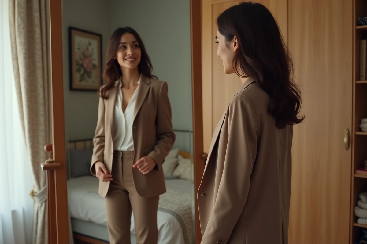 Jeune femme essayant un blazer dans un miroir à la maison