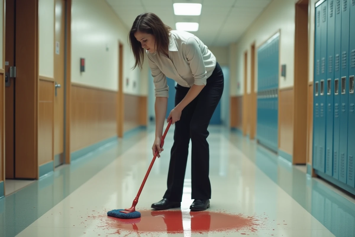 Femme nettoie une tache colorée sur un sol de salle de classe