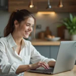 Jeune femme utilisant un ordinateur dans une cuisine moderne