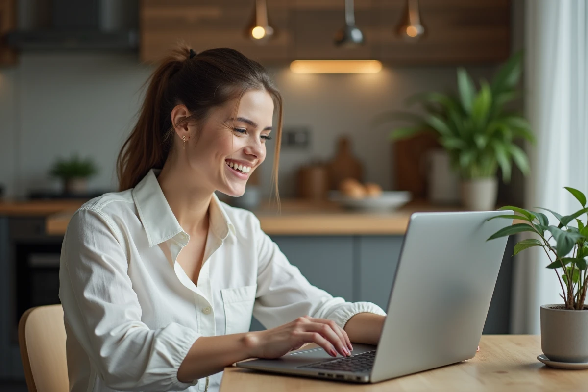 Jeune femme utilisant un ordinateur dans une cuisine moderne