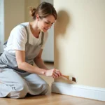 Femme appliquant de la peinture blanche sur une plinthe dans un salon moderne et soigné