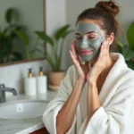 Femme appliquant un masque d'argile visage dans sa salle de bain