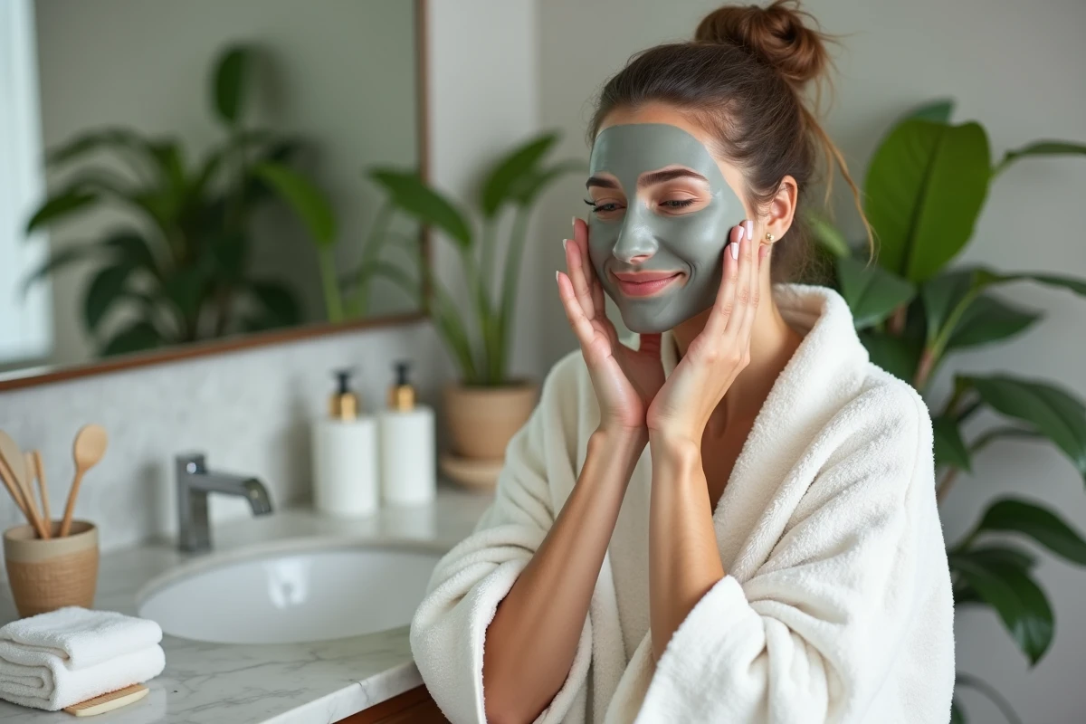 Femme appliquant un masque d'argile visage dans sa salle de bain