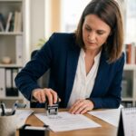 Femme professionnelle utilisant un tampon dateur sur des documents administratifs dans un bureau moderne