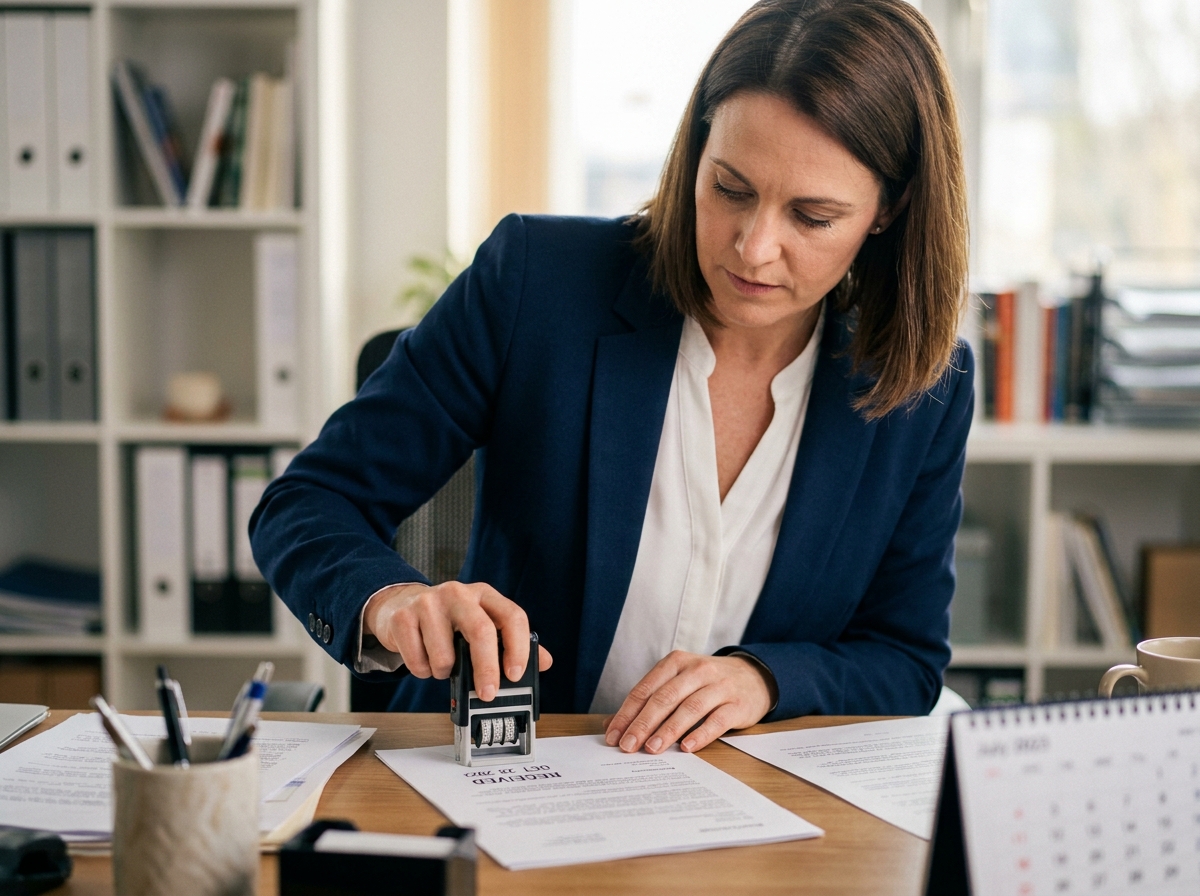 Femme professionnelle utilisant un tampon dateur sur des documents administratifs dans un bureau moderne