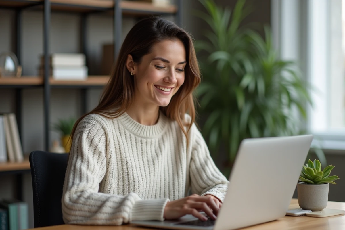 Femme concentrée travaillant sur son ordinateur à domicile